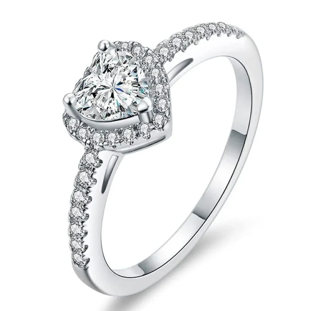 18K White Gold and White Diamond Cubic Zirconia Halo Heart Engagement Ring